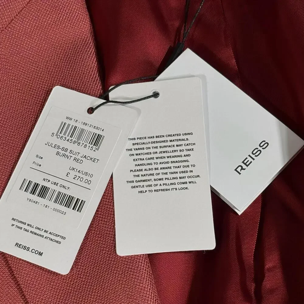 Reiss Blazer Womens 10 Red Jules-SB Suit Jacket Burnt Red Lined Notch Lapel